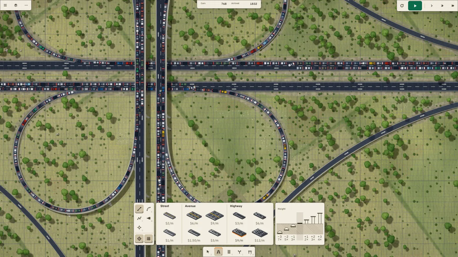 The build palette open over the map: road types with a price per metre, and the height ladder.
