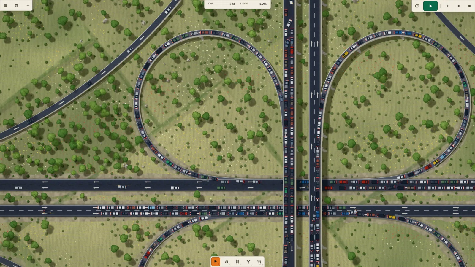 Close view of two loop ramps and the mainline beneath them, every lane queueing.